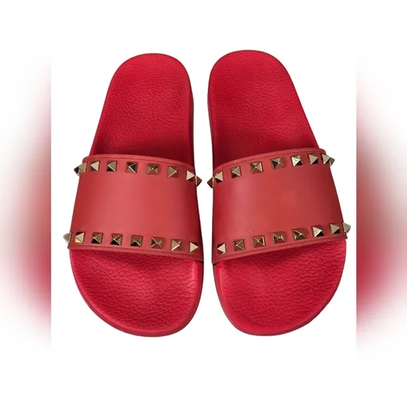 Valentino Red Rubber Rockstud Slide Sandals - Size 39/US 8