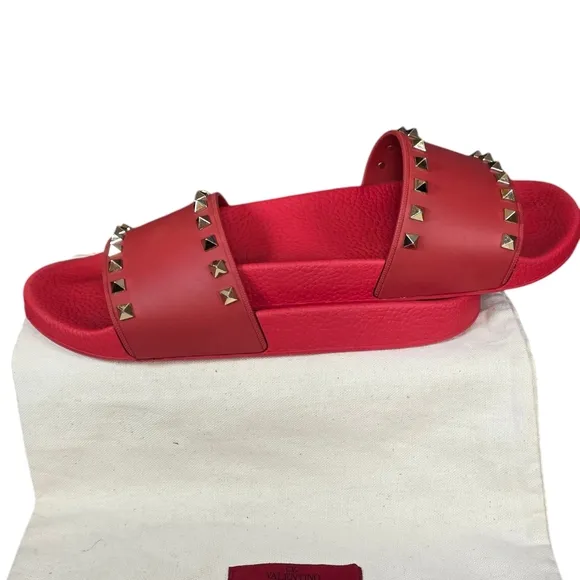Valentino Red Rubber Rockstud Slide Sandals - Size 39/US 8