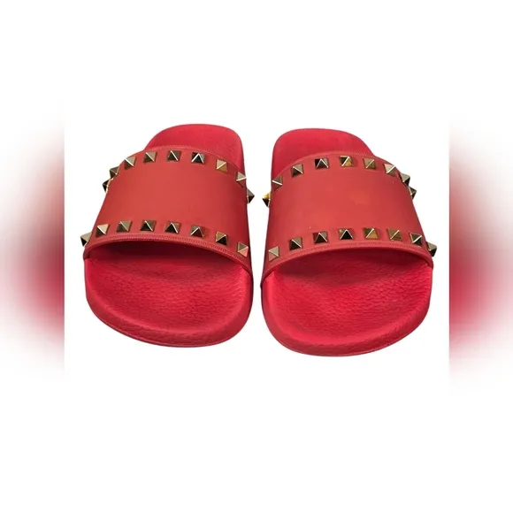 Valentino Red Rubber Rockstud Slide Sandals - Size 39/US 8
