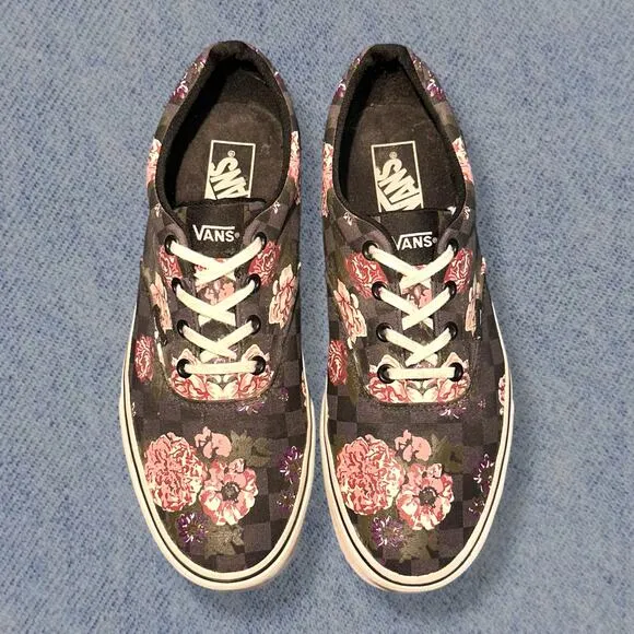 Vans Authentic Women’s Pink &amp; Grey Floral Checkered Sneakers - Size 10.5