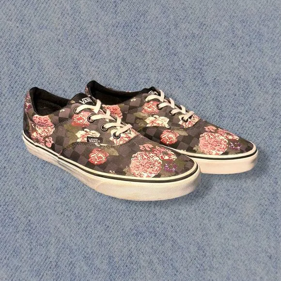 Vans Authentic Women’s Pink &amp; Grey Floral Checkered Sneakers - Size 10.5