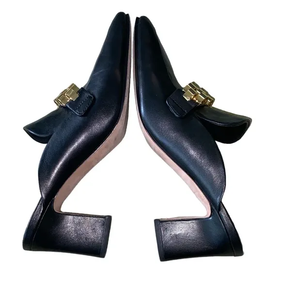 Veronica Beard Bera Black Leather Gold Chain Embellished Heels Mules Loafers 7.5