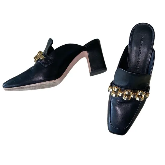 Veronica Beard Bera Black Leather Gold Chain Embellished Heels Mules Loafers 7.5