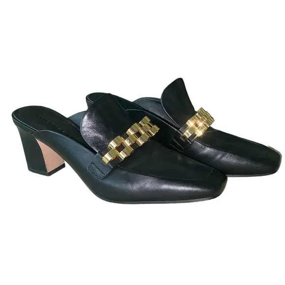 Veronica Beard Bera Black Leather Gold Chain Embellished Heels Mules Loafers 7.5