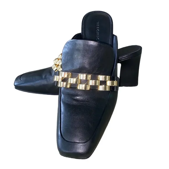 Veronica Beard Bera Black Leather Gold Chain Embellished Heels Mules Loafers 7.5