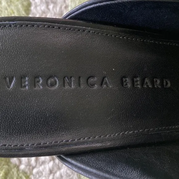 Veronica Beard Bera Black Leather Gold Chain Embellished Heels Mules Loafers 7.5