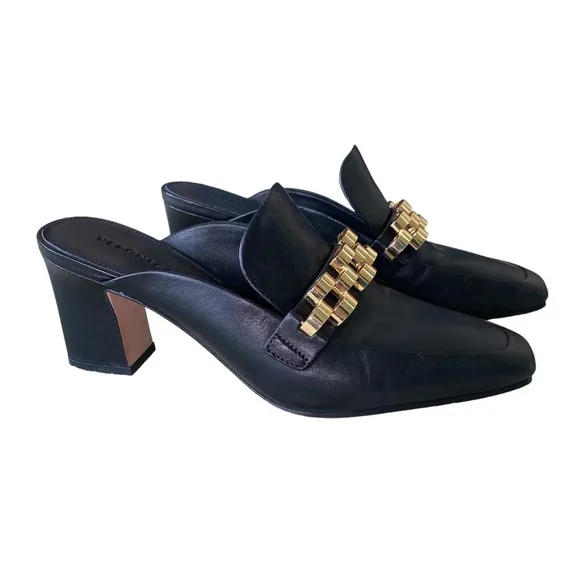 Veronica Beard Bera Black Leather Gold Chain Embellished Heels Mules Loafers 7.5