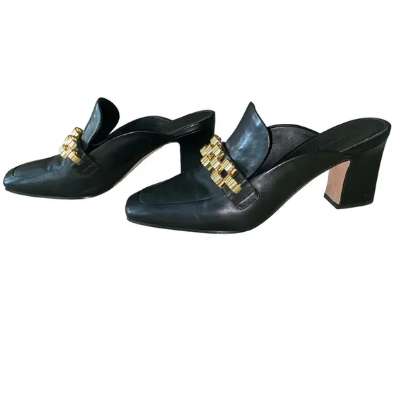 Veronica Beard Bera Black Leather Gold Chain Embellished Heels Mules Loafers 7.5