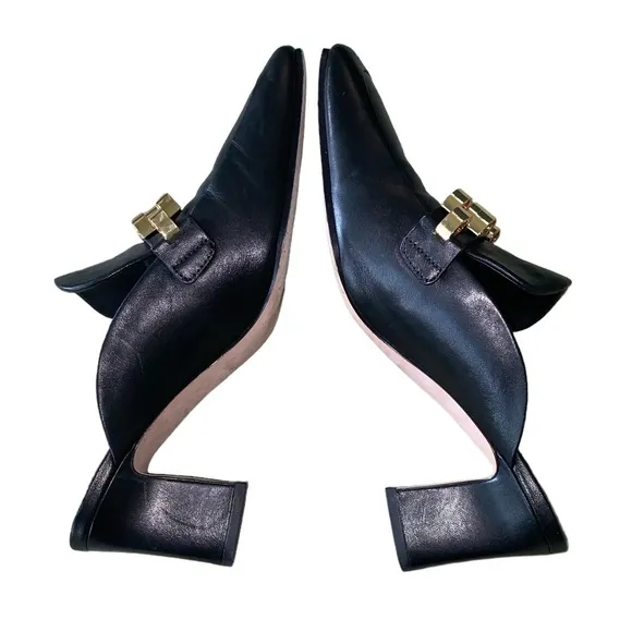 Veronica Beard Bera Black Leather Gold Chain Embellished Heels Mules Loafers 7.5