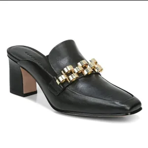 Veronica Beard Bera Black Leather Gold Chain Embellished Heels Mules Loafers 7.5