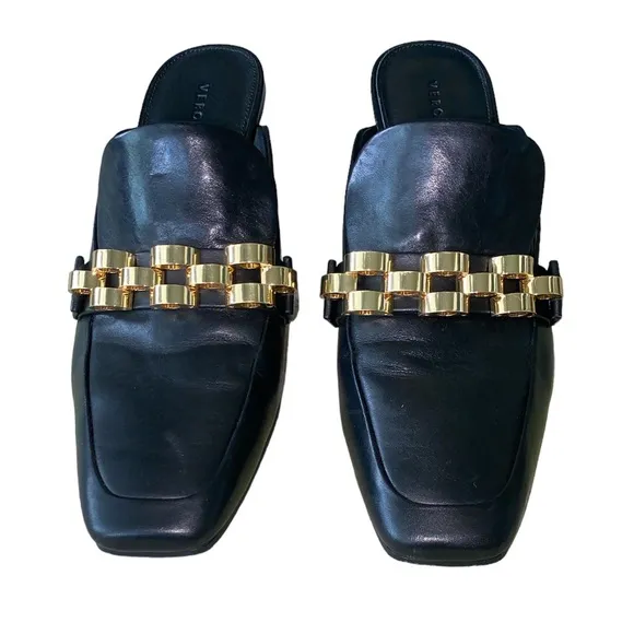 Veronica Beard Bera Black Leather Gold Chain Embellished Heels Mules Loafers 7.5