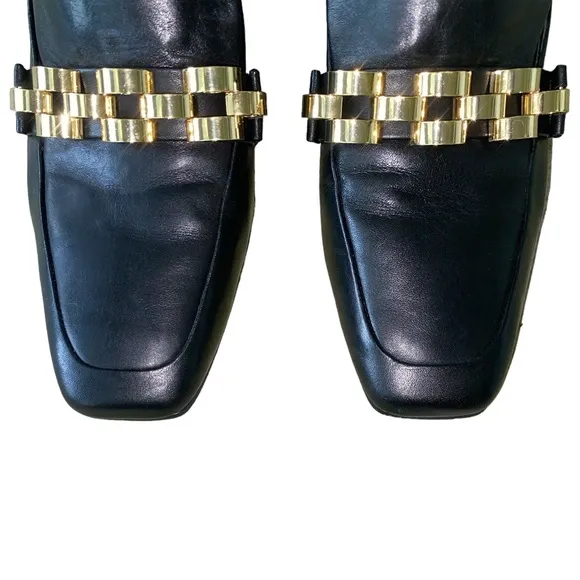 Veronica Beard Bera Black Leather Gold Chain Embellished Heels Mules Loafers 7.5