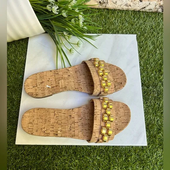 Veronica Beard Eni Chain-Trimmed Cork Slides 6.5 New