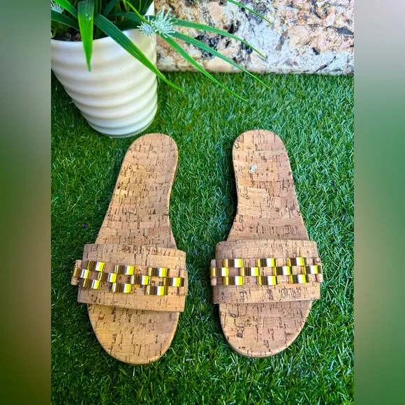 Veronica Beard Eni Chain-Trimmed Cork Slides 6.5 New