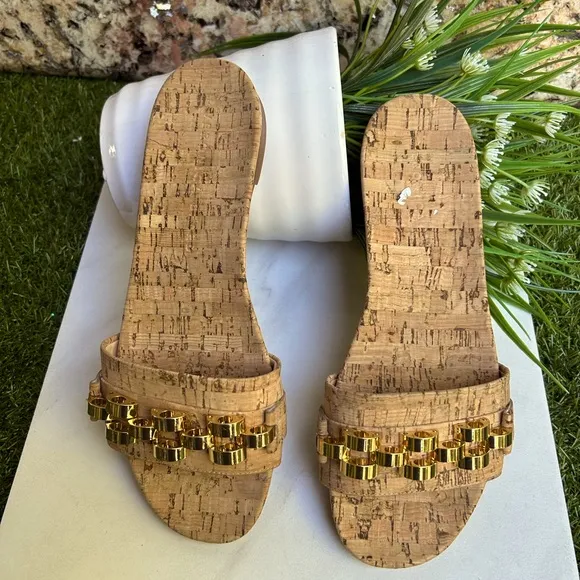 Veronica Beard Eni Chain-Trimmed Cork Slides 6.5 New