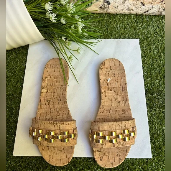 Veronica Beard Eni Chain-Trimmed Cork Slides 6.5 New