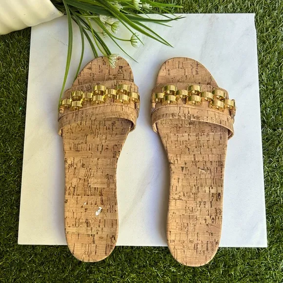 Veronica Beard Eni Chain-Trimmed Cork Slides 6.5 New