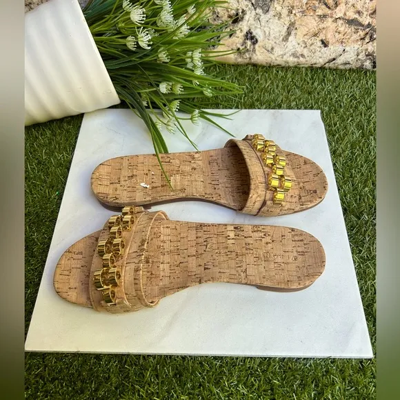 Veronica Beard Eni Chain-Trimmed Cork Slides 6.5 New