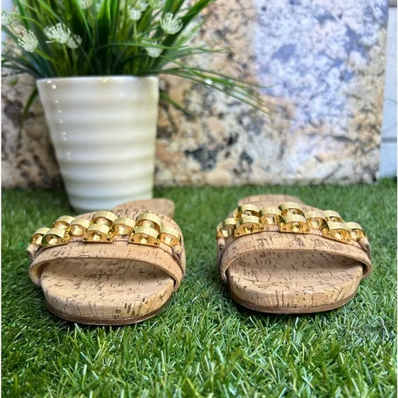 Veronica Beard Eni Chain-Trimmed Cork Slides 6.5 New