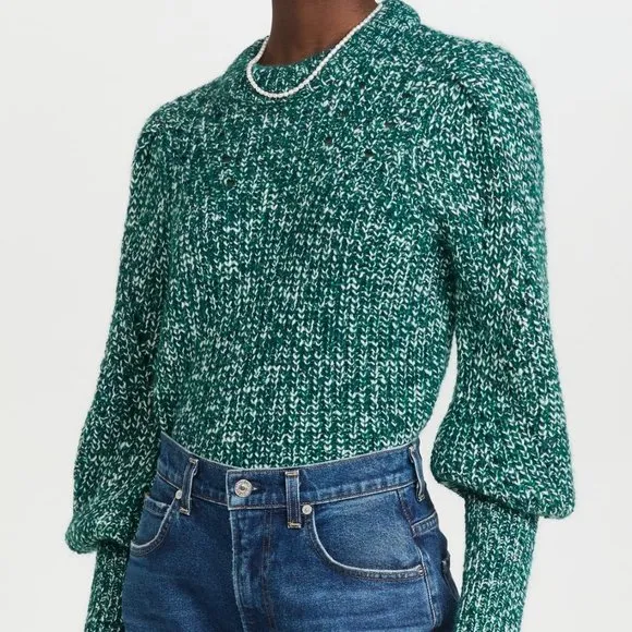 Veronica Beard Wool Alpaca Puff Balloon Sleeves Chunky Knit Sweater Green Medium
