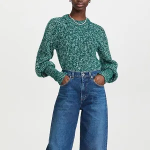 Veronica Beard Wool Alpaca Puff Balloon Sleeves Chunky Knit Sweater Green Medium