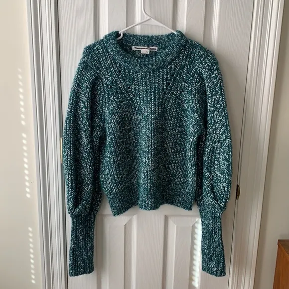 Veronica Beard Wool Alpaca Puff Balloon Sleeves Chunky Knit Sweater Green Medium