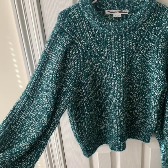 Veronica Beard Wool Alpaca Puff Balloon Sleeves Chunky Knit Sweater Green Medium