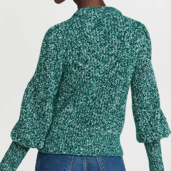 Veronica Beard Wool Alpaca Puff Balloon Sleeves Chunky Knit Sweater Green Medium