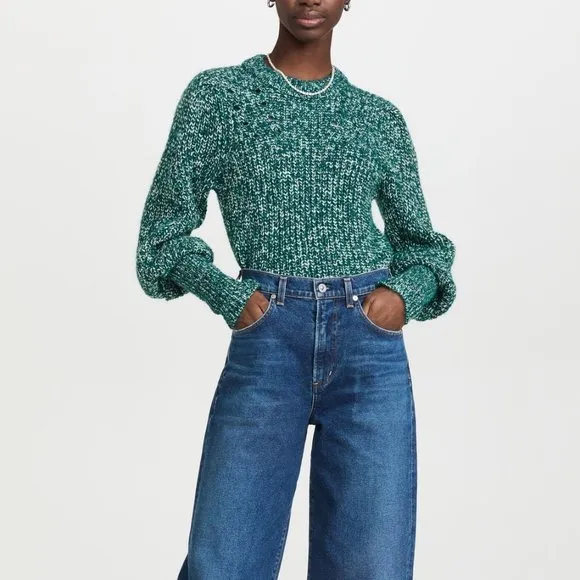 Veronica Beard Wool Alpaca Puff Balloon Sleeves Chunky Knit Sweater Green Medium