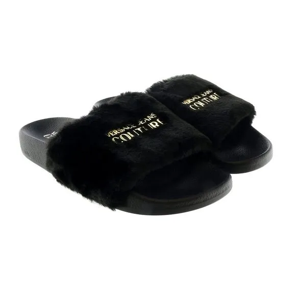 Versace Jeans Couture Black Faux Fur Signature Slides