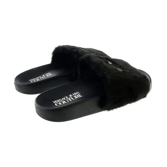 Versace Jeans Couture Black Faux Fur Signature Slides