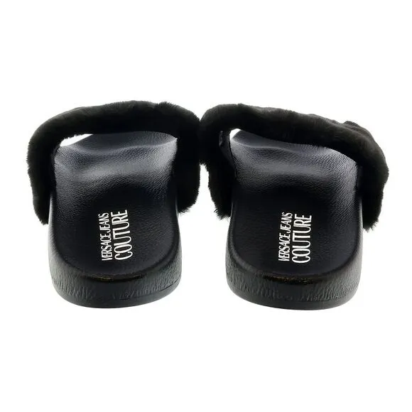Versace Jeans Couture Black Faux Fur Signature Slides