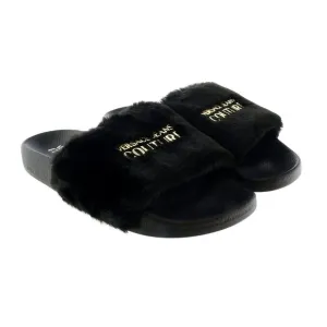 Versace Jeans Couture Black Faux Fur Signature Slides