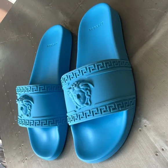 Versace mens sky blue rubber pvc Medusa slides sandals flats sz 42