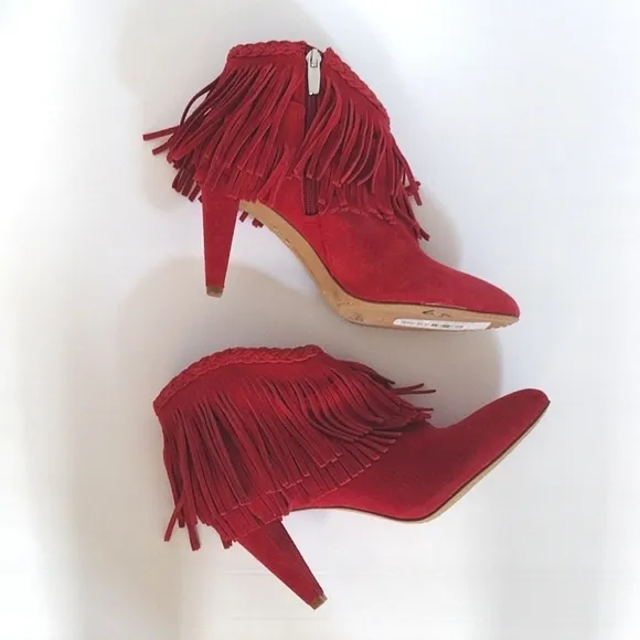 Vince Camuto Double Layered Cowgirl Red Fringed Suede Leather Ankle Boots US 6.5
