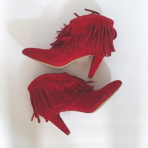 Vince Camuto Double Layered Cowgirl Red Fringed Suede Leather Ankle Boots US 6.5