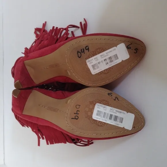 Vince Camuto Double Layered Cowgirl Red Fringed Suede Leather Ankle Boots US 6.5
