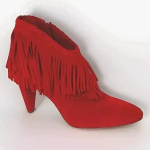 Vince Camuto Double Layered Cowgirl Red Fringed Suede Leather Ankle Boots US 6.5