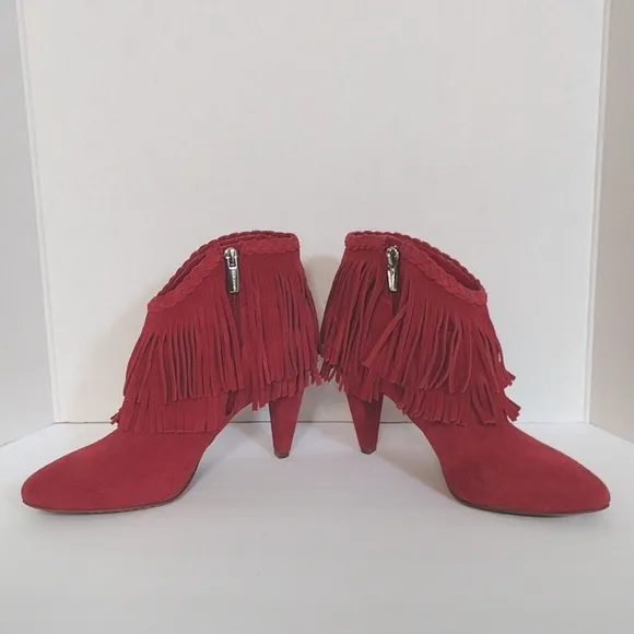 Vince Camuto Double Layered Cowgirl Red Fringed Suede Leather Ankle Boots US 6.5