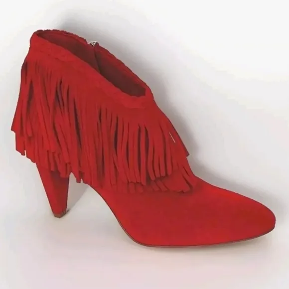 Vince Camuto Double Layered Cowgirl Red Fringed Suede Leather Ankle Boots US 6.5