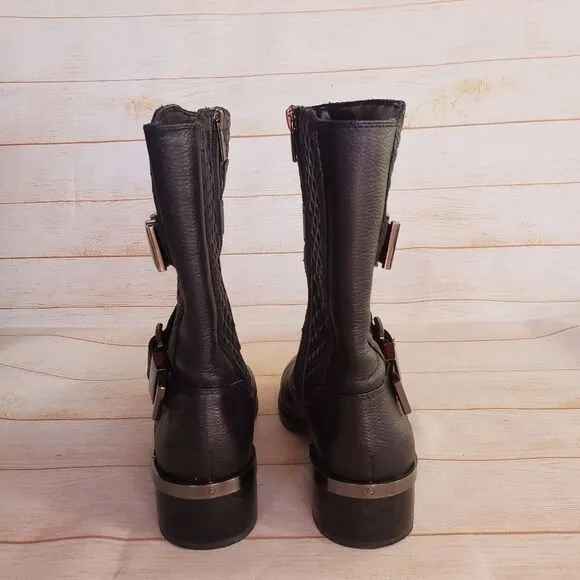 Vince Camuto Leather Welton Round Toe Boots Buckles Quilted Black Size 8M