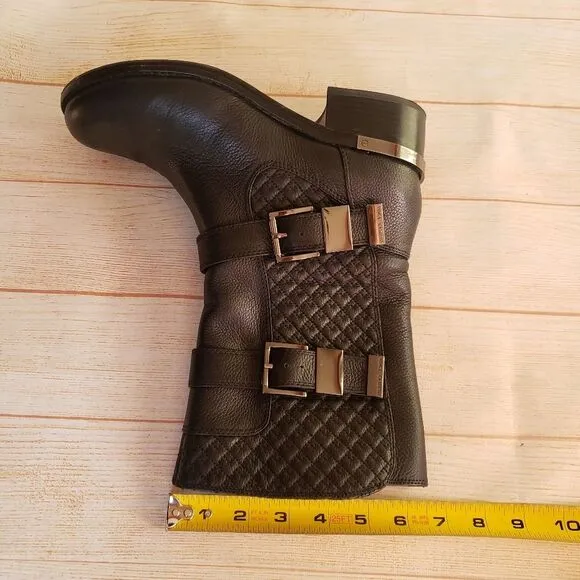 Vince Camuto Leather Welton Round Toe Boots Buckles Quilted Black Size 8M