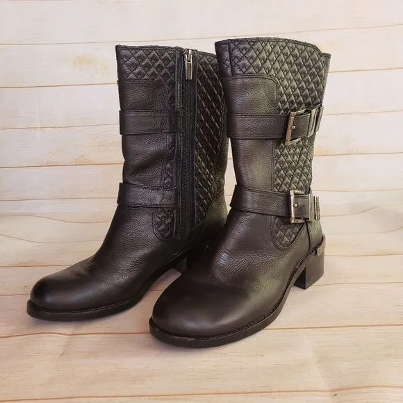 Vince Camuto Leather Welton Round Toe Boots Buckles Quilted Black Size 8M