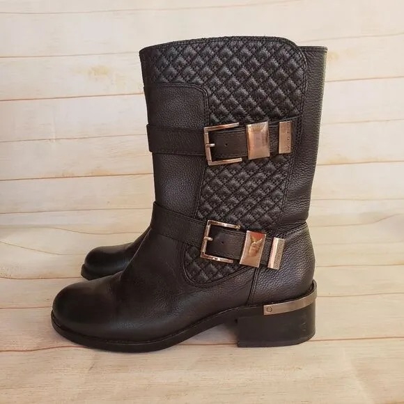 Vince Camuto Leather Welton Round Toe Boots Buckles Quilted Black Size 8M