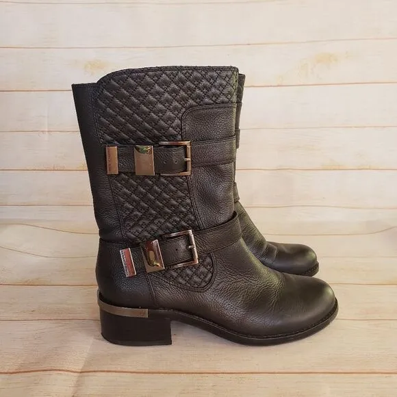 Vince Camuto Leather Welton Round Toe Boots Buckles Quilted Black Size 8M