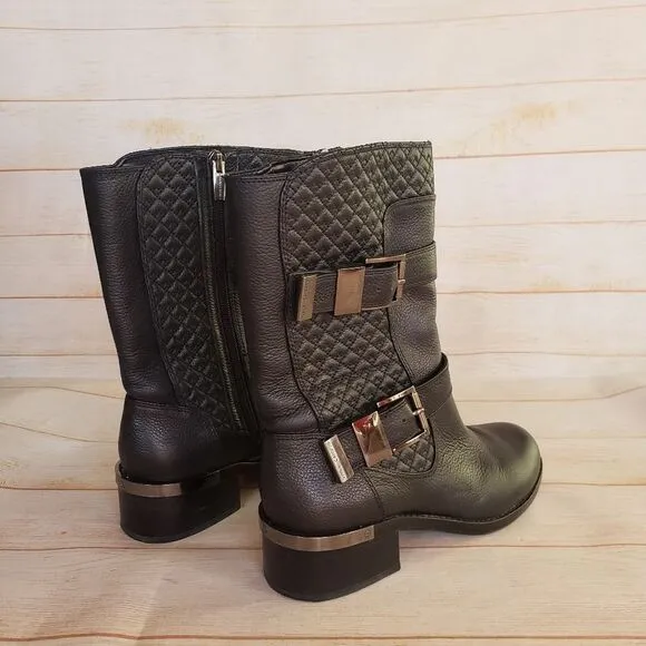 Vince Camuto Leather Welton Round Toe Boots Buckles Quilted Black Size 8M