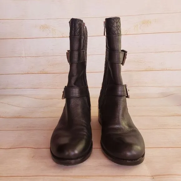 Vince Camuto Leather Welton Round Toe Boots Buckles Quilted Black Size 8M