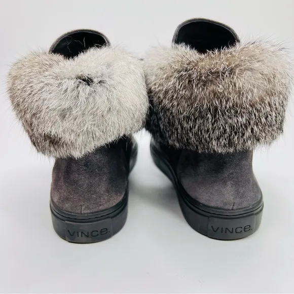 VINCE. Nyack Graphite Gray Suede Rabbit Fur-Cuff High Top Lace Up Sneaker