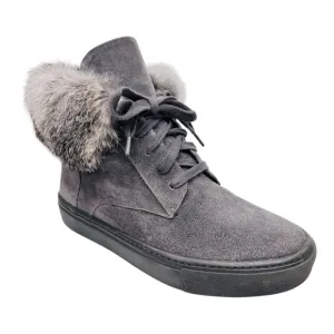 VINCE. Nyack Graphite Gray Suede Rabbit Fur-Cuff High Top Lace Up Sneaker