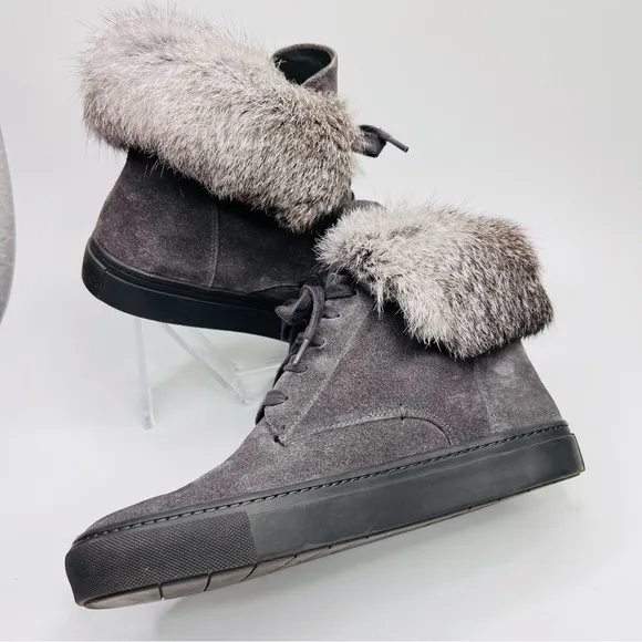 VINCE. Nyack Graphite Gray Suede Rabbit Fur-Cuff High Top Lace Up Sneaker